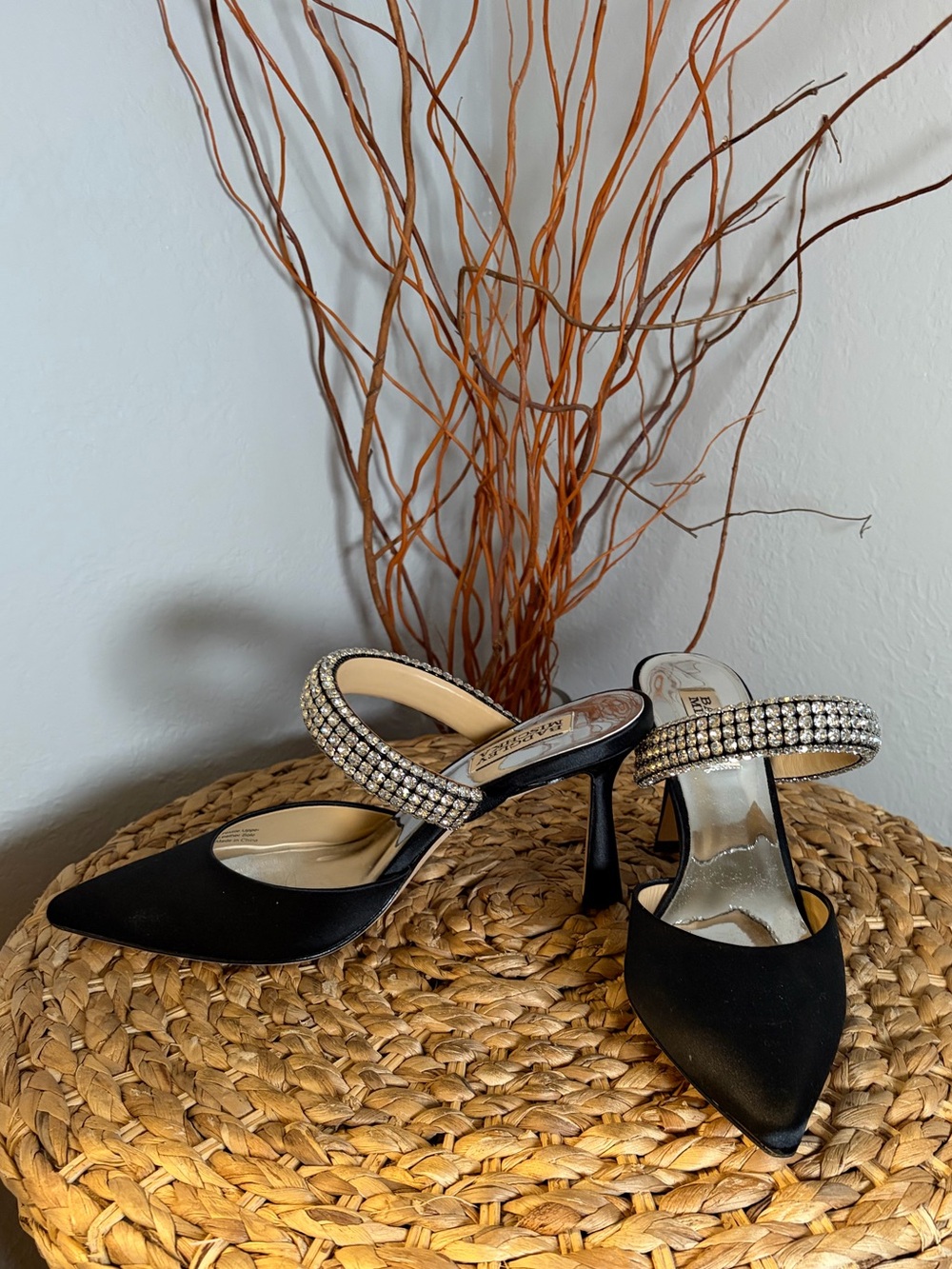 BADGLEY MISCHKA RHINESTONE STRAP HEELS w/ SHOE BAG